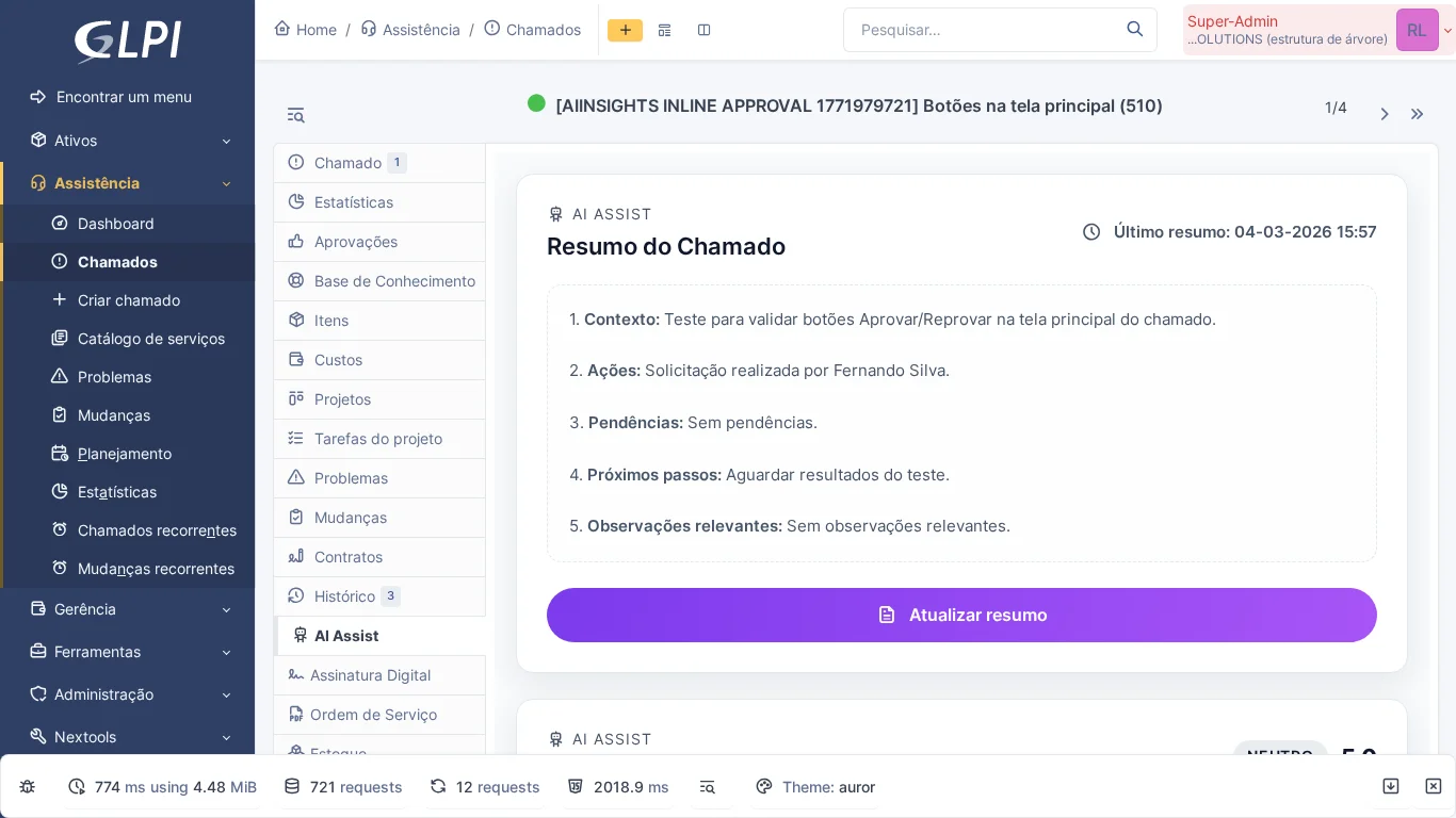 Aba AI Assist no chamado do GLPI mostrando resumo automático com contexto, ações, pendências e próximos passos