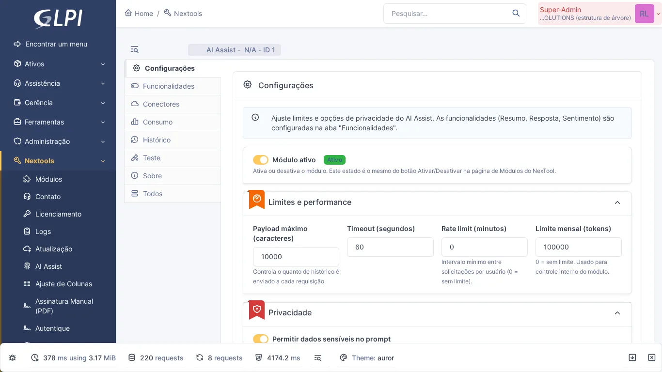 Página de configuração do módulo AI Assist no GLPI