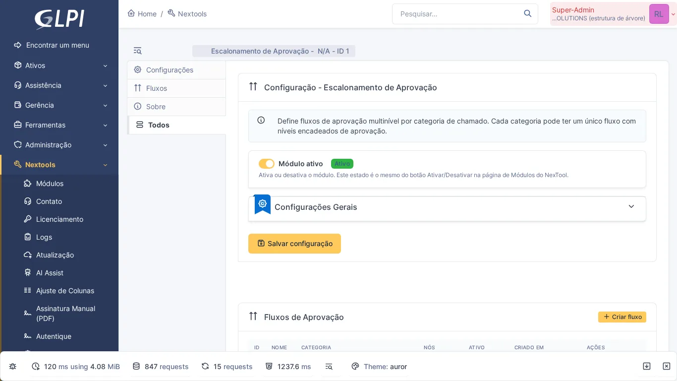 Visão geral do módulo Approval Flow no GLPI com todas as configurações e abas