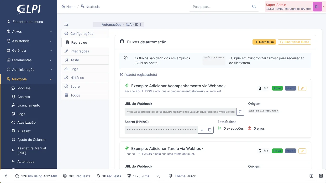 Aba Registros do módulo Automações mostrando histórico de execuções de webhook