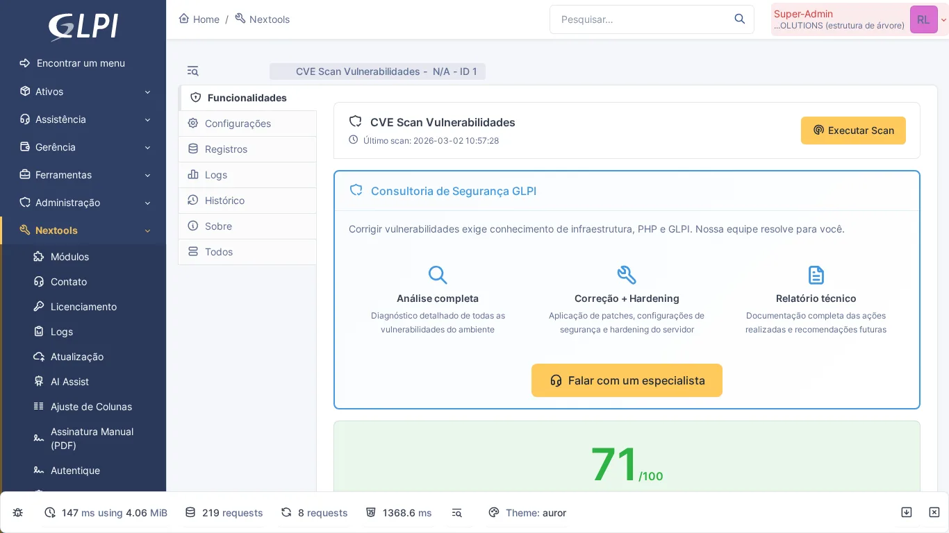 Página de configuração do módulo CVE Scan no GLPI com verificação de vulnerabilidades