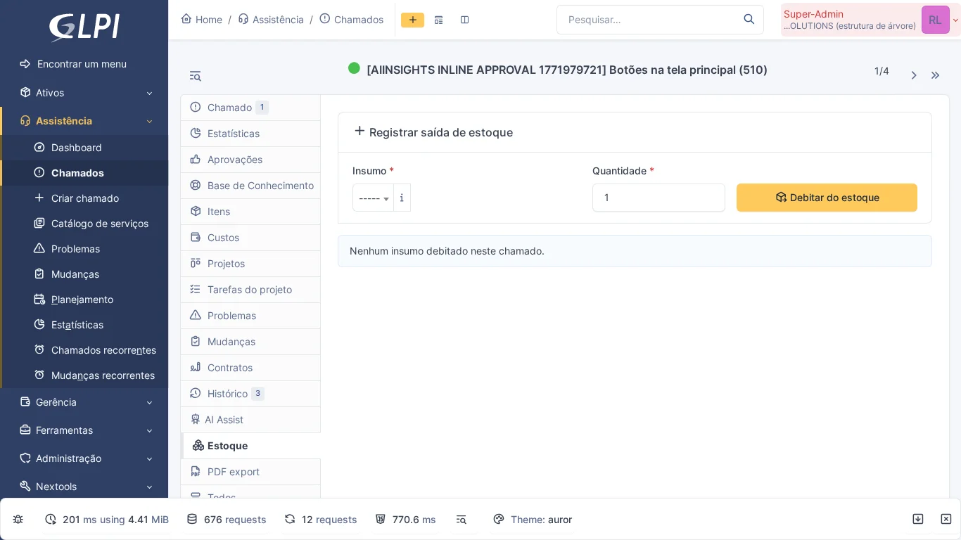 Aba Estoque dentro de um chamado no GLPI com campos para selecionar insumo, quantidade e botão Debitar do estoque
