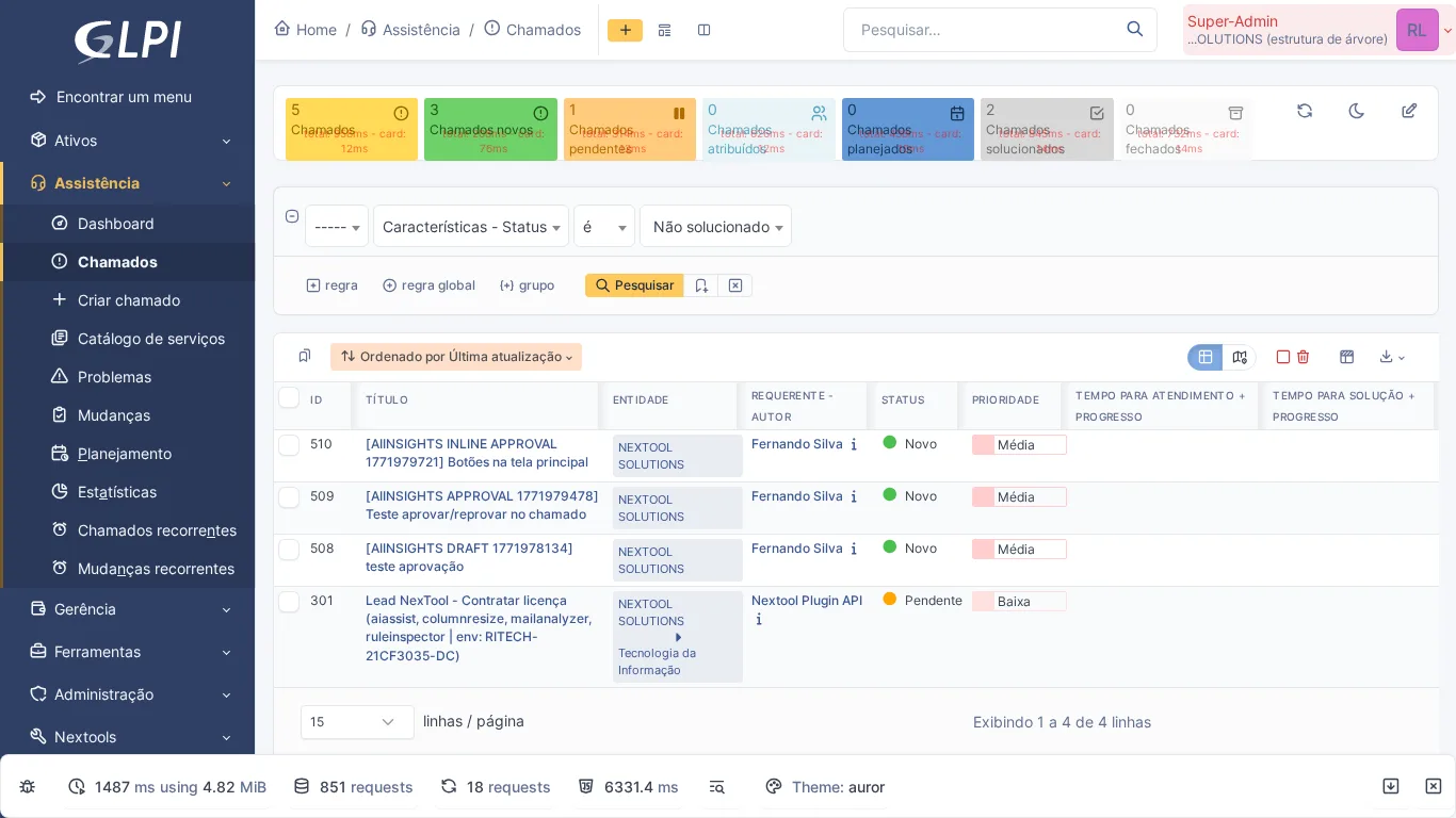 Listagem de chamados do GLPI com colunas ajustáveis pelo módulo Column Resize