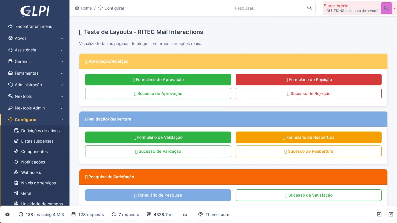 Página de teste do módulo Mail Interactions no GLPI com simulação de aprovação por e-mail