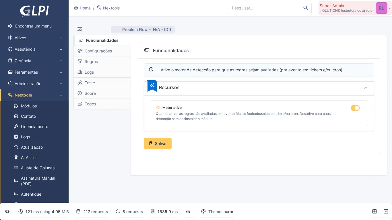 Página de configuração do módulo Problem Flow no GLPI com detecção automática de problemas