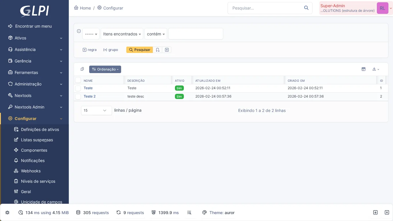 Lista de regras de detecção de problemas no Problem Flow com nome, descrição e status