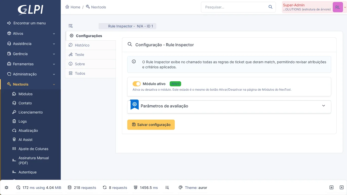 Página de configuração do módulo Rule Inspector no GLPI