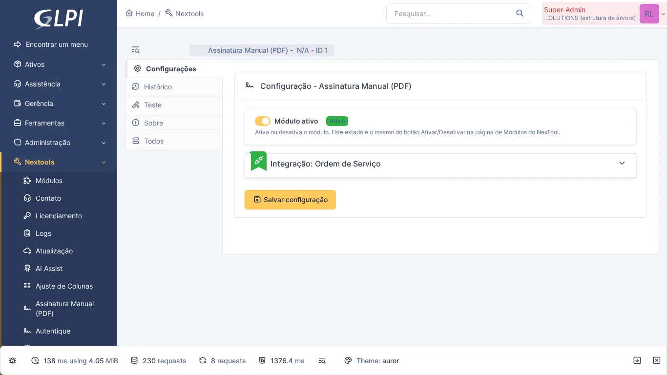 Página de configuração do módulo Signature Pad no GLPI com opções de assinatura manual