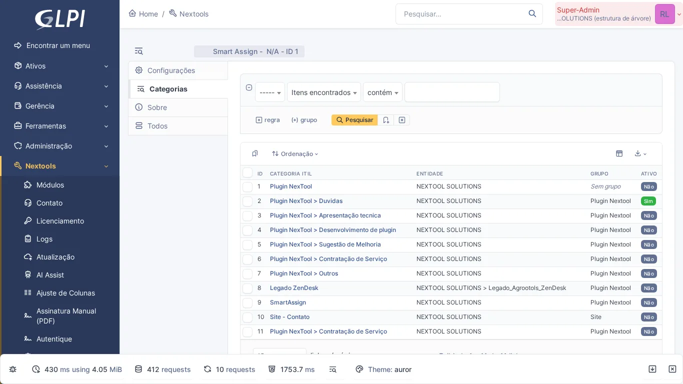Lista de categorias ITIL configuradas no Smart Assign com grupos de atendimento vinculados