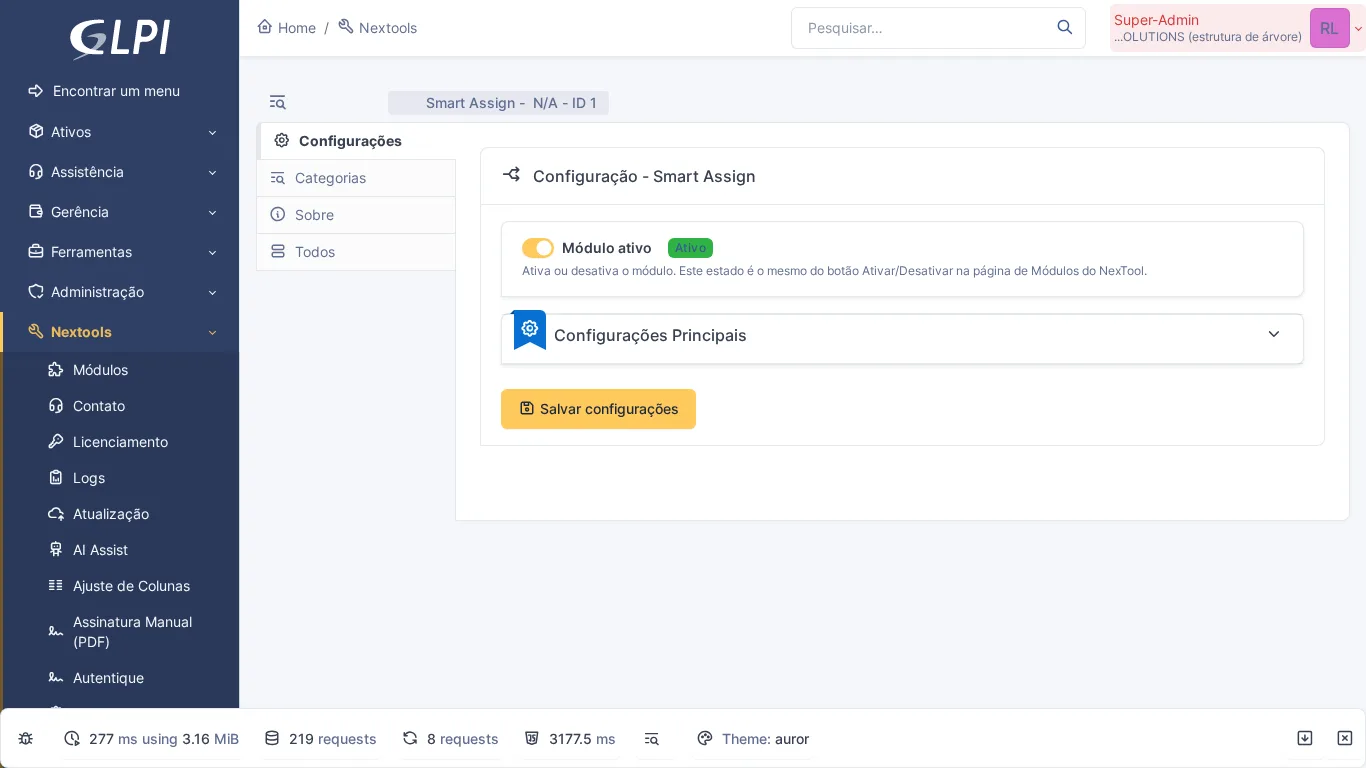 Página de configuração do módulo Smart Assign no GLPI com opções de atribuição automática
