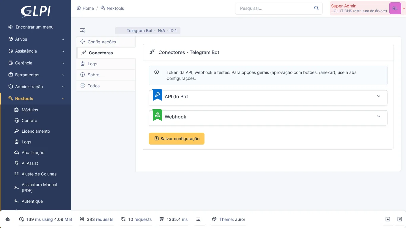 Aba Conectores do Telegram Bot no GLPI com token do bot e configuração de webhook