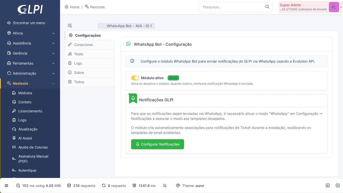 Página de configuração do módulo WhatsApp Bot no GLPI com integração Evolution API